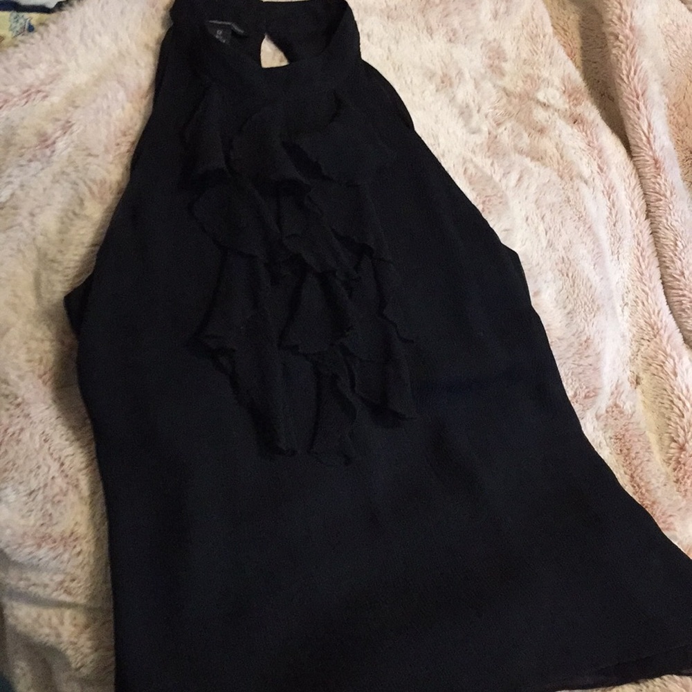 Sleeveless silk, ruffle front blouse